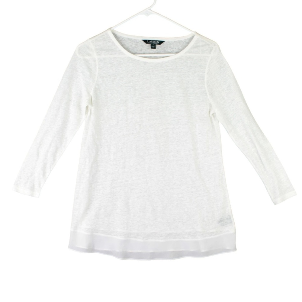 Lauren Ralph Lauren Women Top 100% Linen White Lightweight Sz S Ruffle Hem